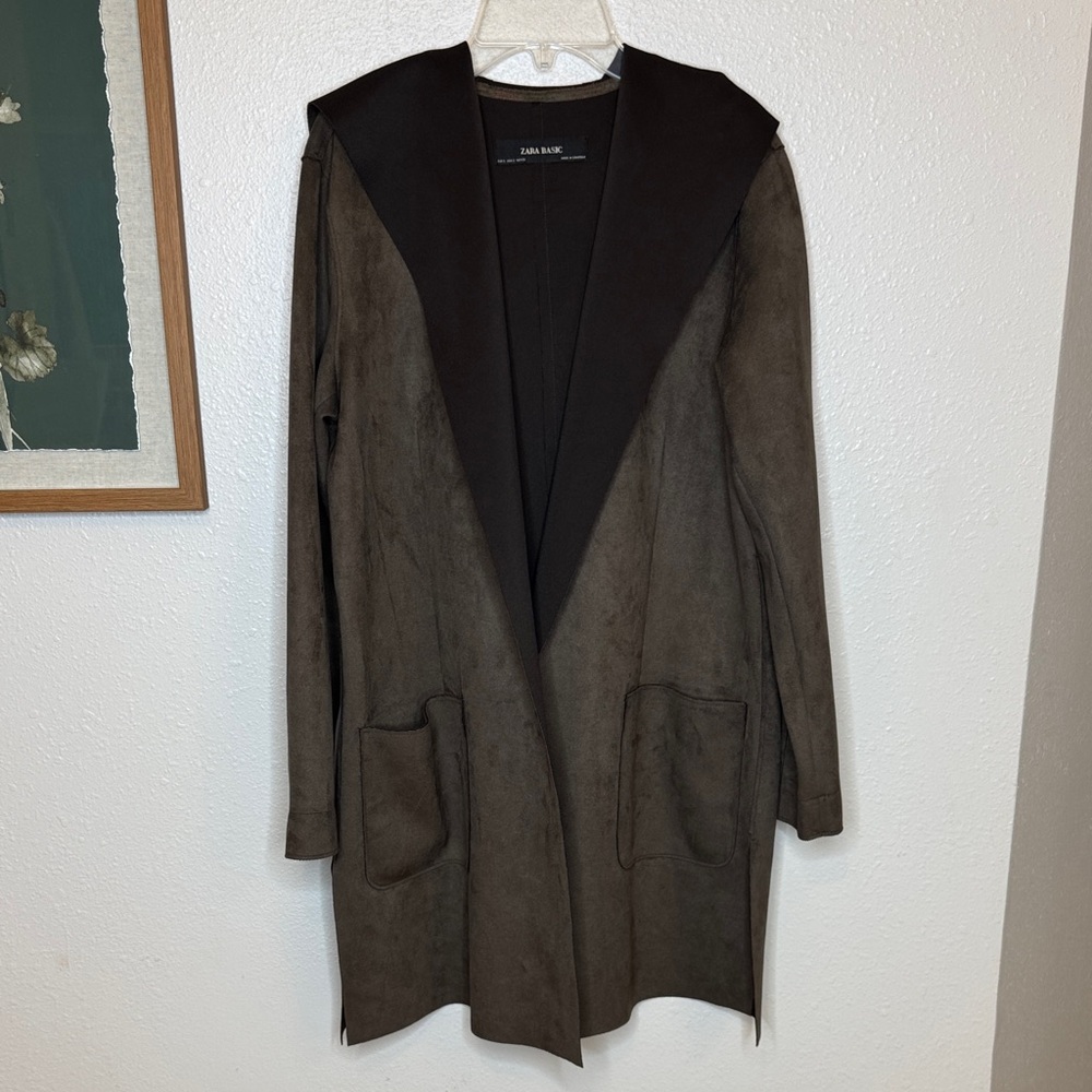 Zara Basic Faux Suede Dark Brown Women's Cape Coat with‎ Hood - Small - Picture 12 of 15